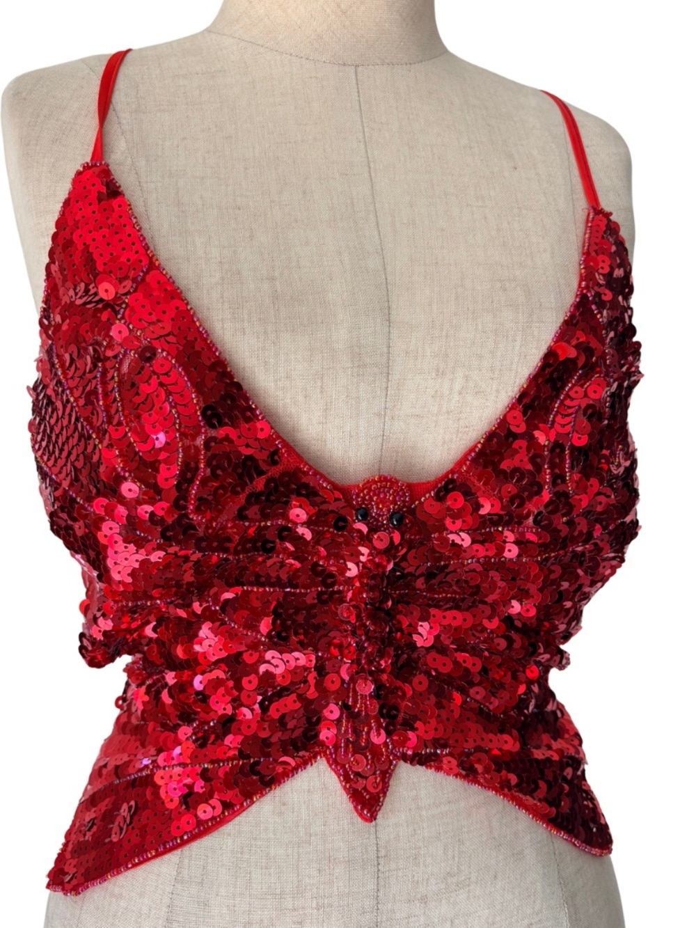 VTG Y2K Red Sequin Butterfly Crop Cami – Women’s Criss Cross Back Tie